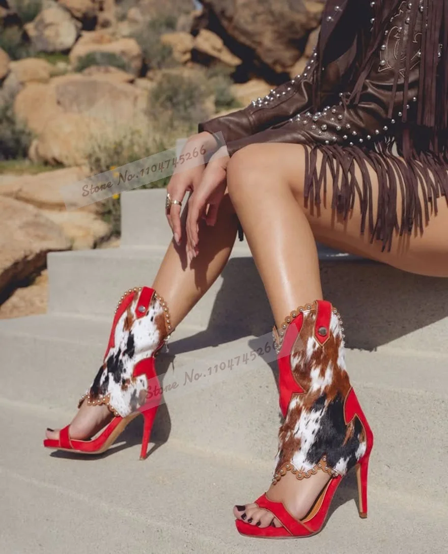 

Cow Skin Pattern Horsehair High Heel Sandals Red Short Furry Color Patchwork Dress Shoes String Beaded Retro Dress Shoes Booties