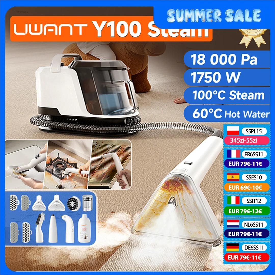 Nettoyeur de tapis à vapeur Uwant Y100 100 ° C Steam 18KPa 1750W brosse de pulvérisation aspiration auto-nettoyante plusieurs buses pour canapé voiture chaussure animal de compagnie