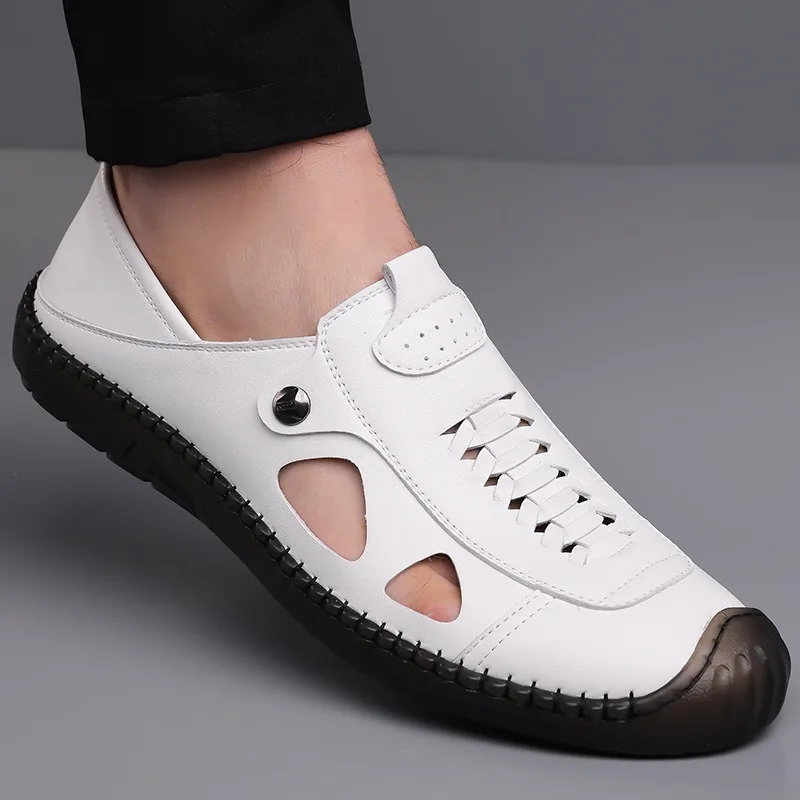 

Mens Handmade Leather Sandals Fashion Outdoor Casual Sandals New Breathable Hollow Out Men Sandals Non Slip Flat Beach Sandalias