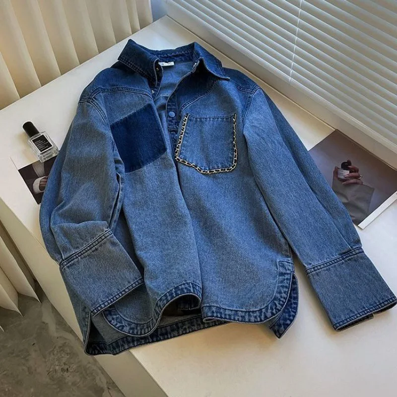 

retro American casual slimming autumn and winter new style personalized and unique, niche loose blue denim shirt top