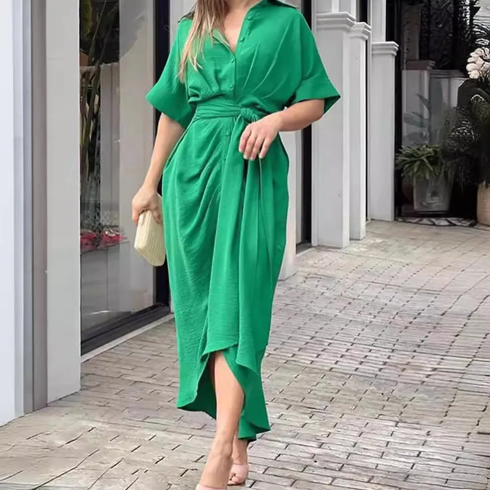 Europa e américa primavera e verão vestido de verão renda cintura camiseta única moda lazer conforto respirável leve e fino