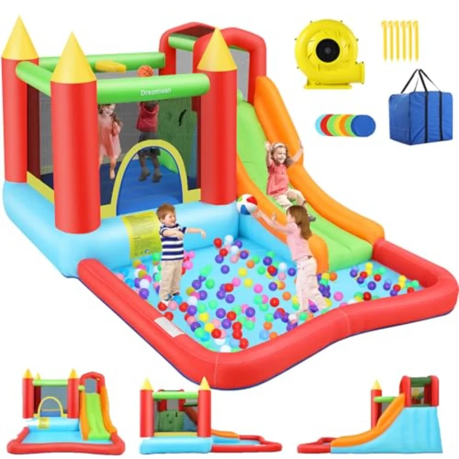 

AKEYDIY Inflatable Bounce House for Big 3-10 Outdoor Indoor Jump Castle with Basketball Hoop Large Ball Pit Long Slide Blue and