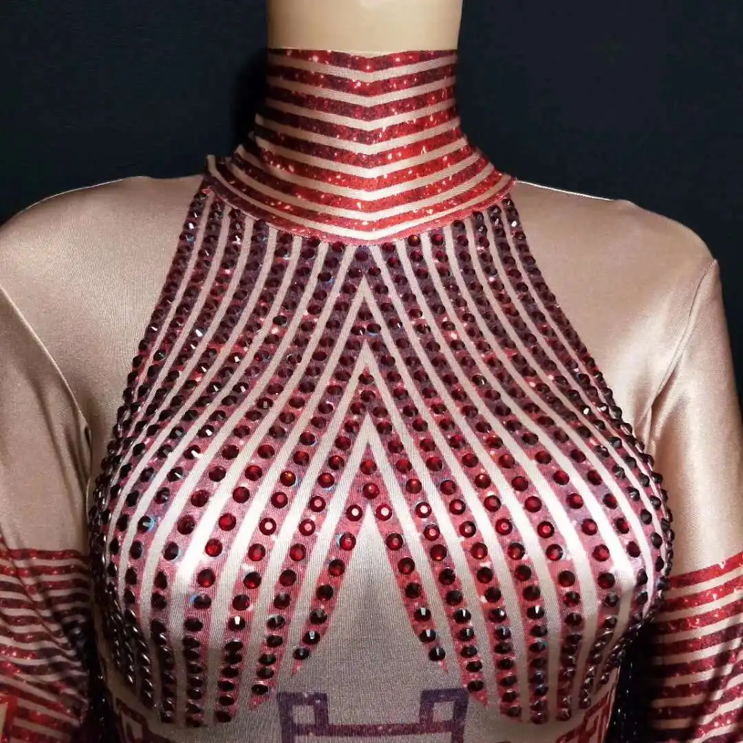 シャイニングラインストーンレッドフリンジジャンプスーツ女性長袖ストレッチレオタードナイトクラブ歌手ポールダンスステージ着用タッセル衣装