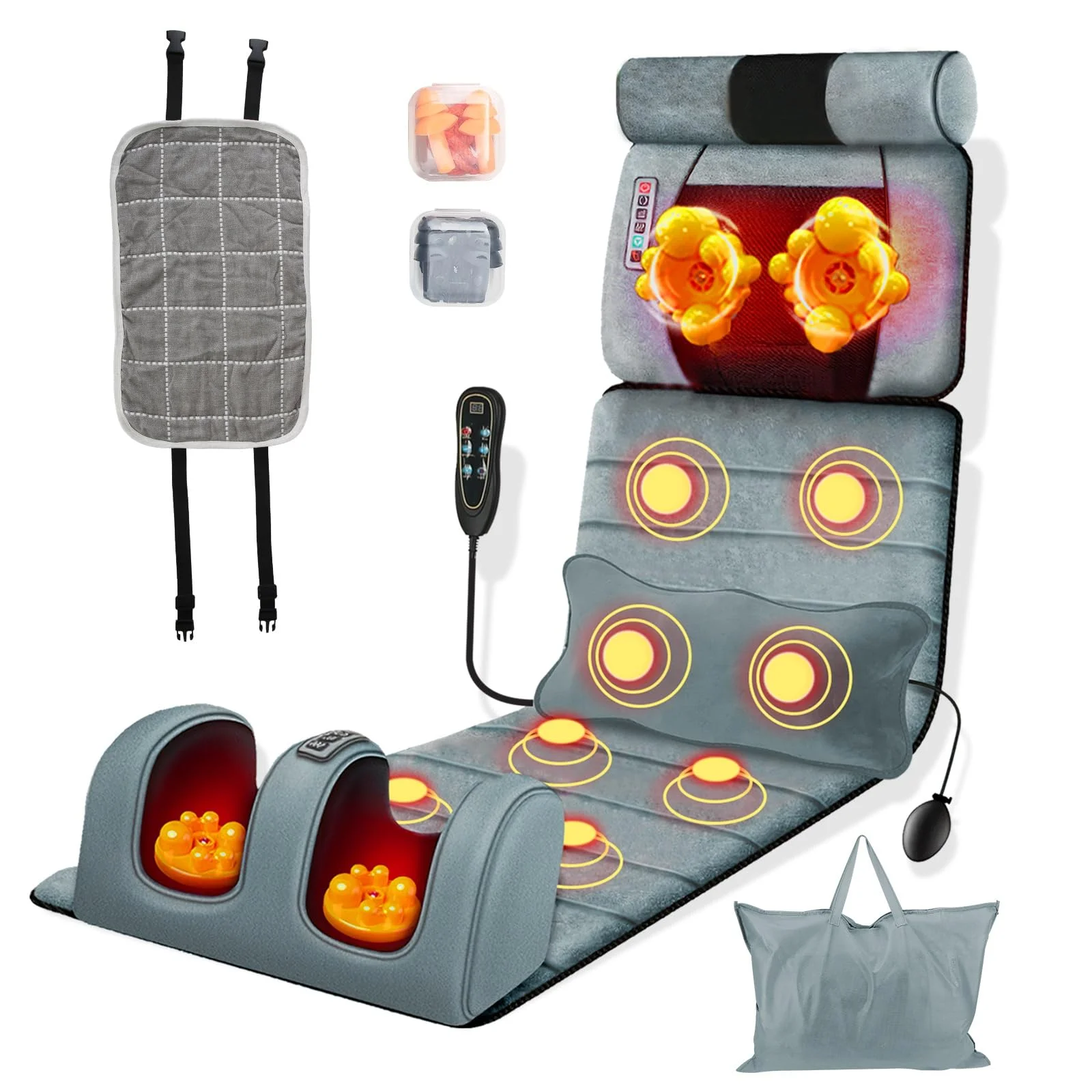 Heated Full Body Kneading Vibration Massage Mat, Foldable Lumbar Support with Timer, Detachable Neck Back Foot Massagers, Deep Muscle Soreness & Pain Relief for Bed Sofa Home Use