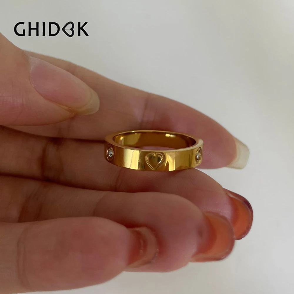 GHIDBK Classic Elegant 18K Gold Plated Heart Rhinestone Rings for Women Non Tarnish Stainless Steel Wedding Romantic Jewelry