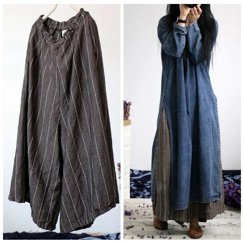 New 2025 Spring Summer Arts Style Women Elastic Waist Striped Cotton Linen Wide Leg Pants Vintage Loose Ankle-length Pants