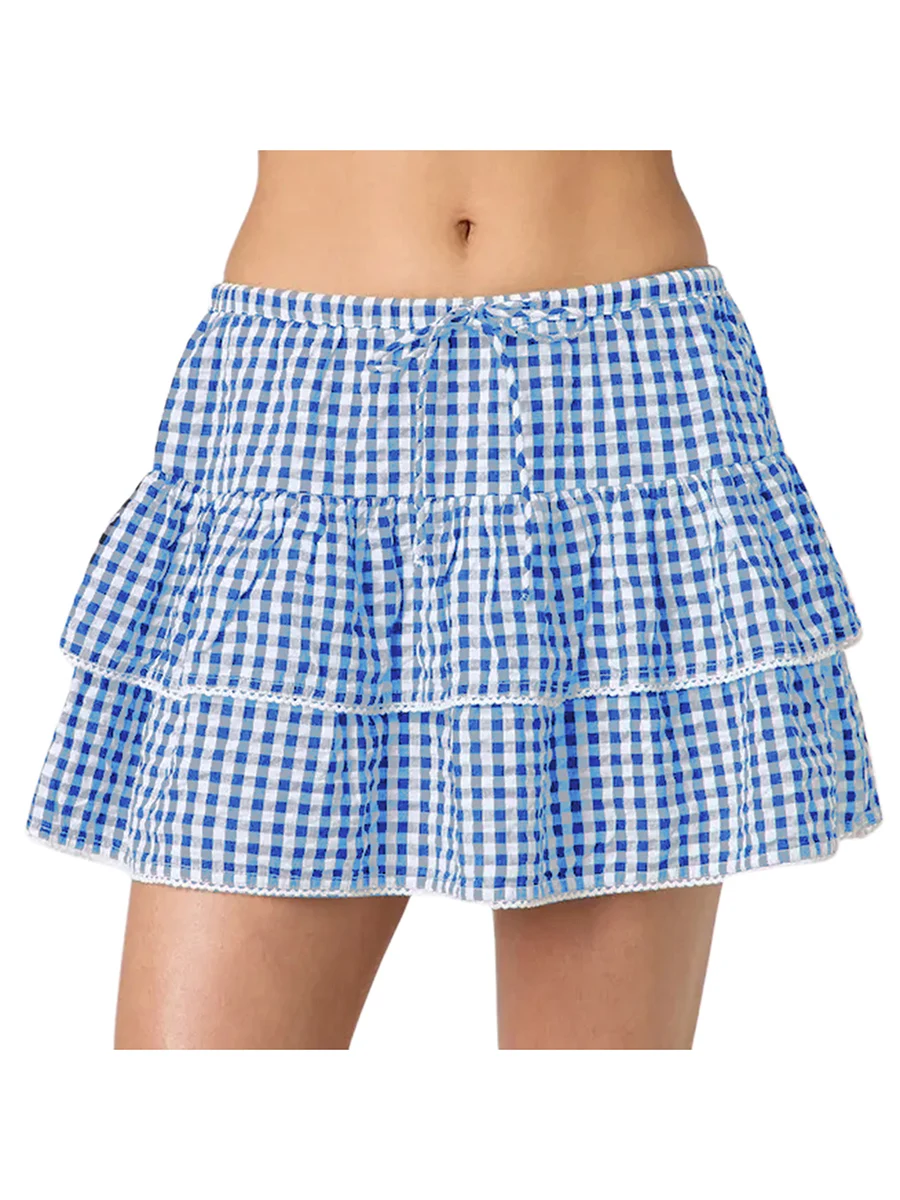 Womens Plaid Mini Skirt Elastic Waist A-line Layered Ruffle Skirt Casual Streetwear