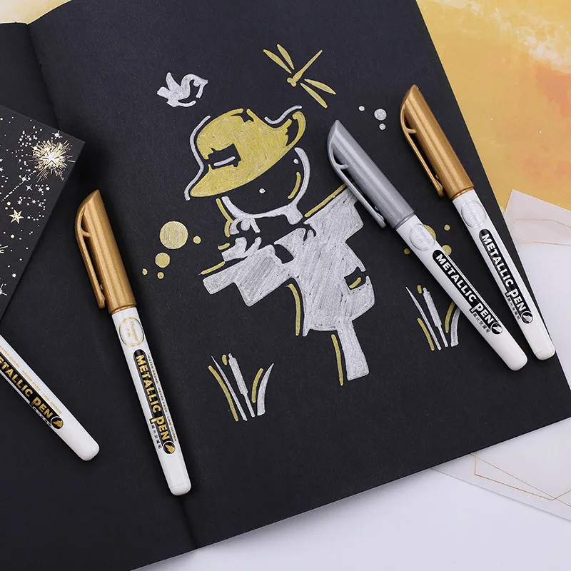 6pcs Metal Craft Pen Gold Silver Signature Greeting Card DIY Photo Album Marker Metal Highlight Greeting Cards Graffiti