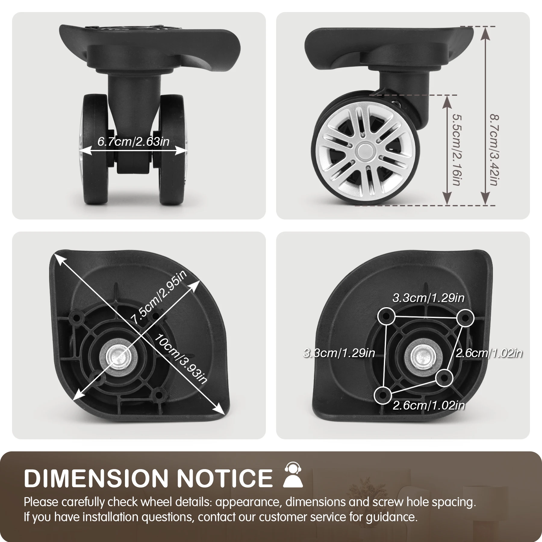 Luggage Wheel Replacement 360° Spinner Silver Double Row Silent Travel Suitcase Caster DIY Trolley Wheels Repair Parts 1 Pair