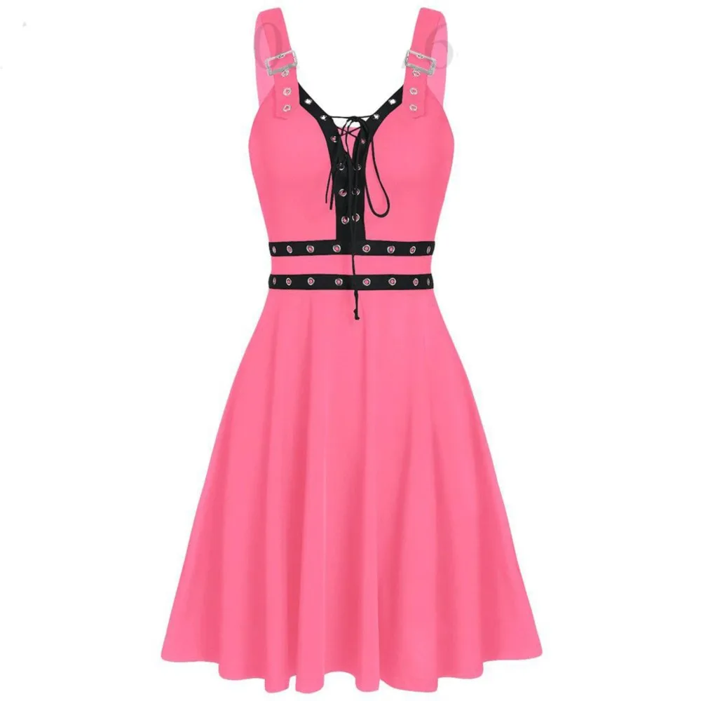 

2025 Summer New Women Black Dresses Buckled Lace Up Midi Dress Solid Fashion High Waist V-Neck Sleeveless Party Punk Style Dress