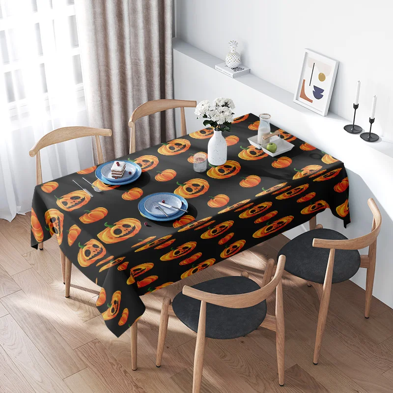 Halloween Pumpkin TableclothBlack Halloween-themed Table Cloth with Pumpkin Print for Holiday Decoration on Kitchen Dining Room
