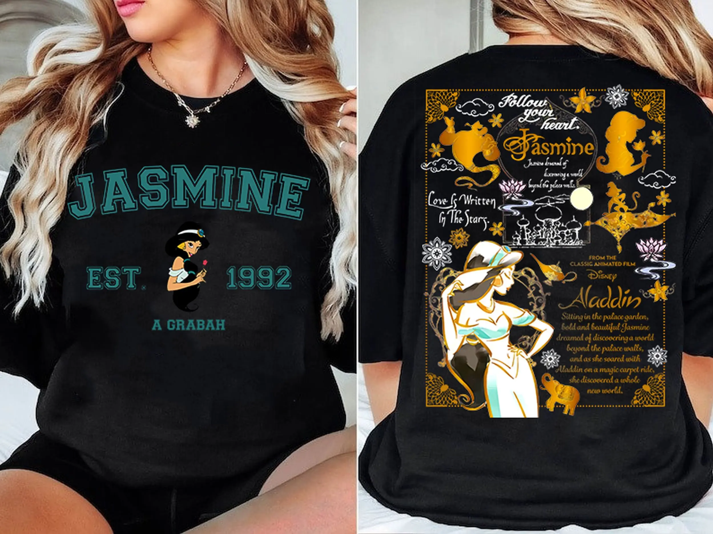 

Summer Retro Double Sided Jasmine Princess Shirt Cute Jasmine Aladdin T-shirt Birthday Girl Travel T-shirt Cotton Large Size