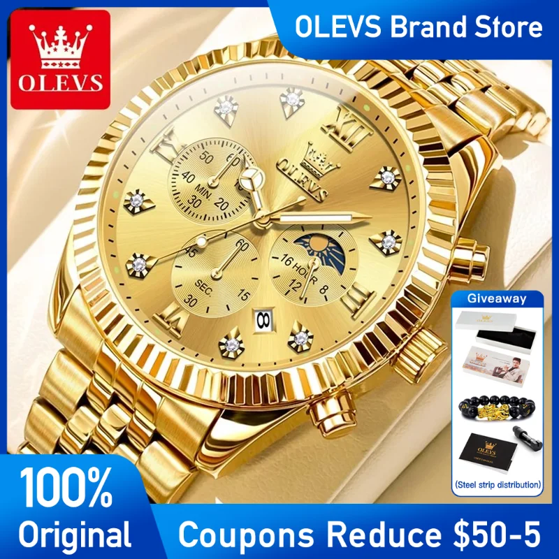 

OLEVS Mens Watch Brand Quartz Wristwatch Chronograph Zircon Scale Waterproof Luminous Three Small Dial Watches For Men