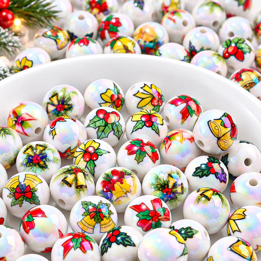10Pcs 16mm Acrylic AB Color Printed Round Beads White Mixed Christmas Bell Holly Print Spacer Beads DIY Handmade Jewelry Making