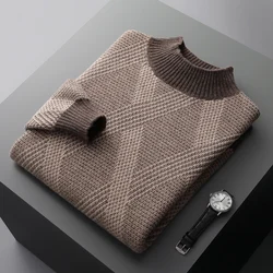 100% pure woolen sweater in autumn and winter, men's semi-high collar seat, thick sweater, loose contrast cashmere knit bottomin