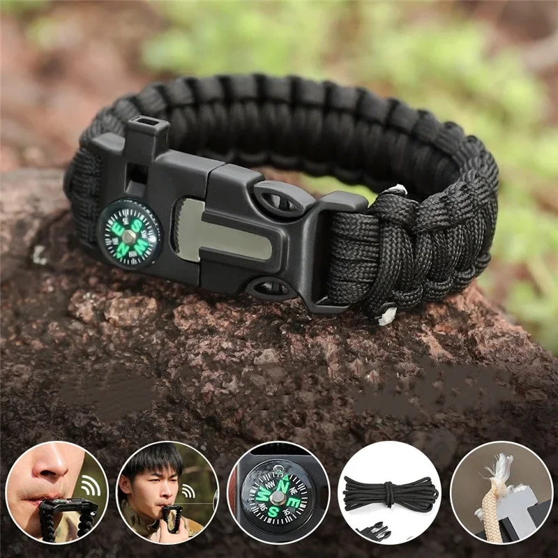 4 in 1 Men Women Paracord Outdoor Survival Bracelet Multi-function Camping Rescue Emergency Rope Bangles Compass Whistle Knife