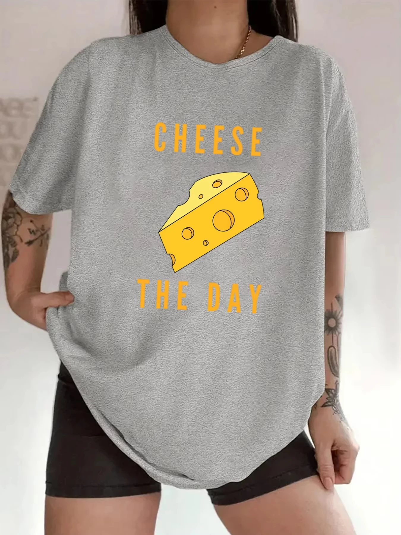 Cheese of The Day Funny Cheese Slice Graphic Tee Unisex Round Neck Soft Fabric Cheese Lover Casual Everyday Streetwear Tops