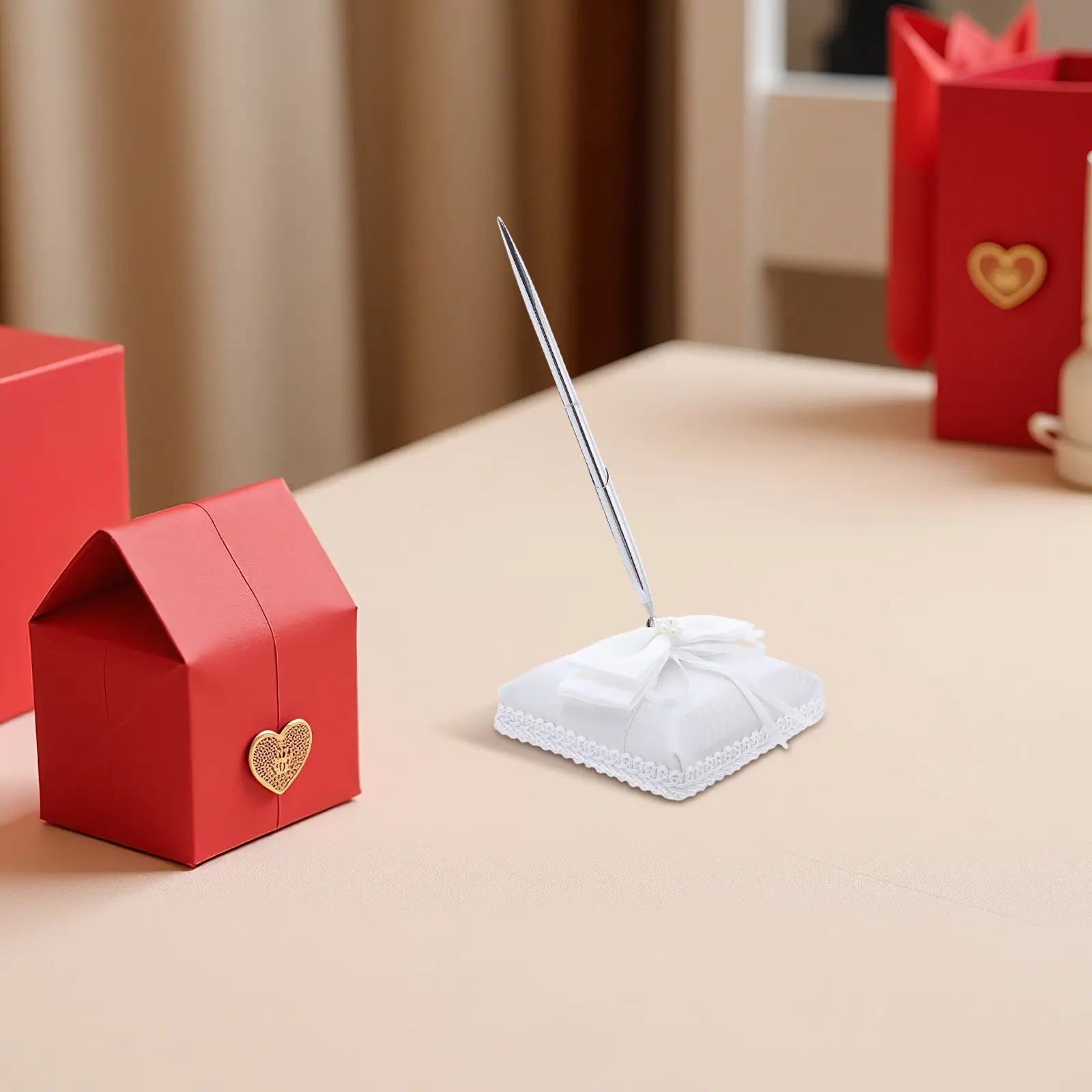Metal Wedding Signing Pen with Bow Decorated Fabric Holder for Guest Book Signing Ceremony Graduation Photo
