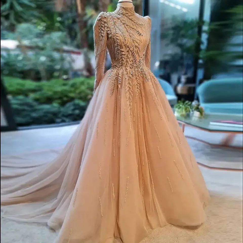 Vestidos de graduación musulmanes de Dubai, vestidos de baile de princesa de manga larga con Apliques de encaje de cuello alto, vestidos de Quinceañera de regreso a casa, elegantes