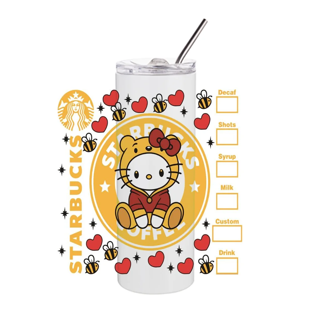 Miniso karikatür kedi tasarım 20oz kupalar Tumblers su geçirmez UV kupası Wrap transferler çıkartmalar toptan baskı UV DTF fincan transferi