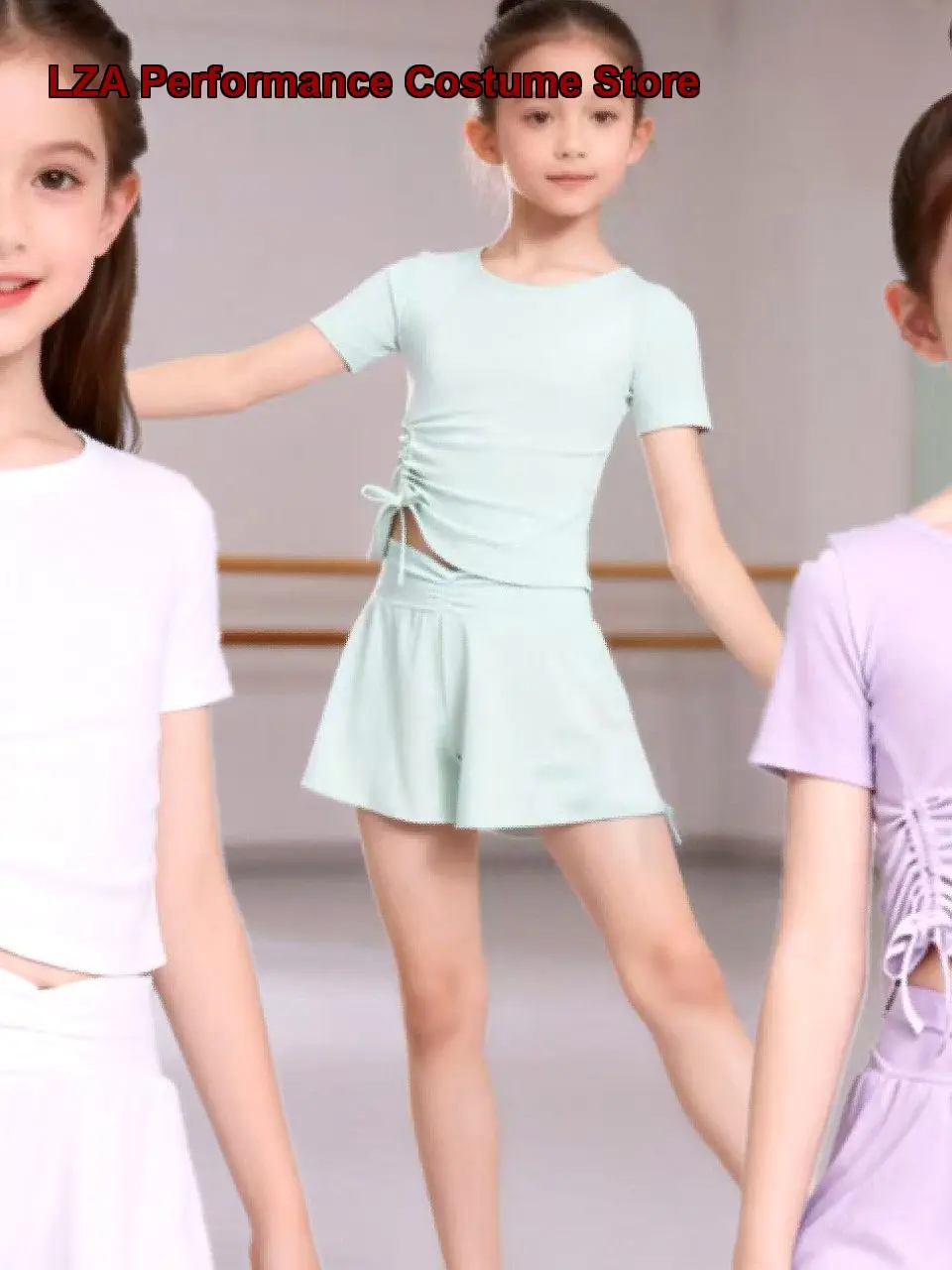 女の子用ラウンドネック半袖ドローストリングショーツセット夏用プロフェッショナルダンス練習用子供用
