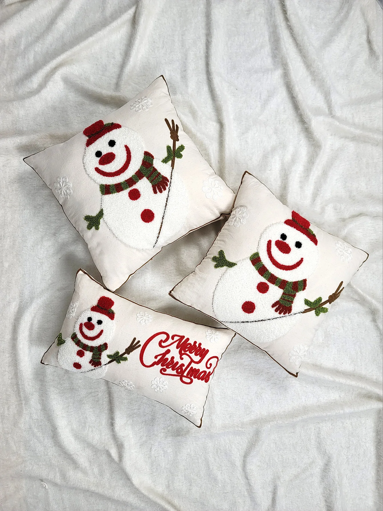 1pc Canvas Christmas Snowman Towel Embroidered Cushion Pillow Case, Dormitory Bedroom Sofa Home Decoration