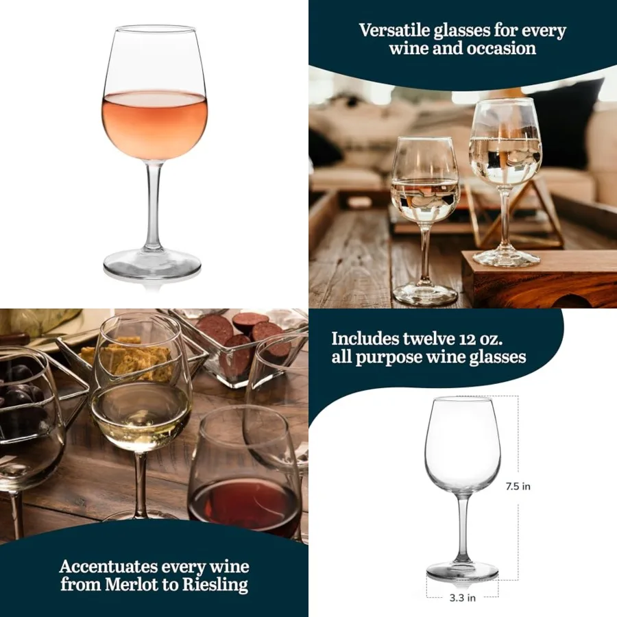 

Wine Glasses, Classic, White and Red Wine Glasses Set of 12, Stemmed Glass Drinking Cups Set for Dinner Parties, Holiday Gather