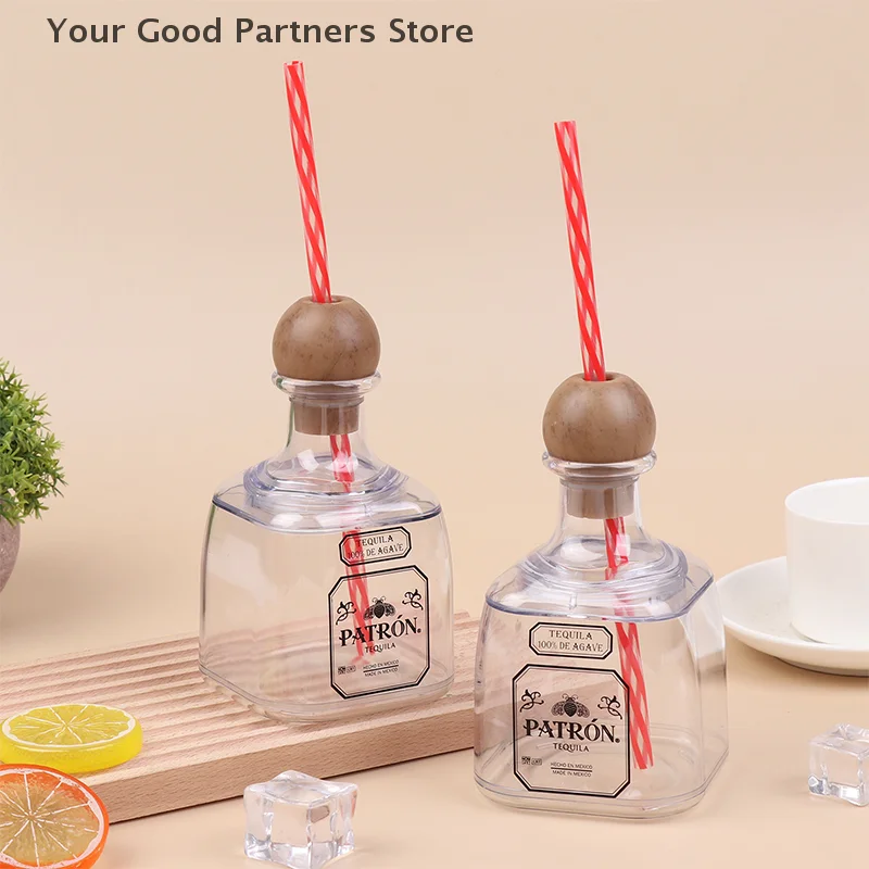 1/2/4Pcs 375ml Mini Tequila Bottles Acrylic Clear Empty Reusable Cups With Straw Hole Mini Patron Tequila Bottles For Drinking