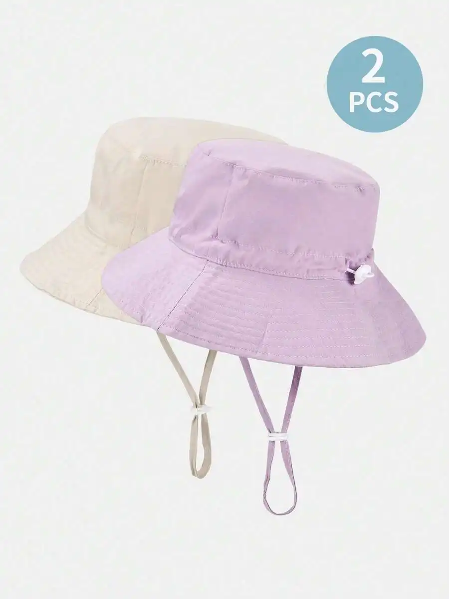 

2pcs Solid Color Adjustable Breathable Sun Hat With Chin Strap For Outdoor And Casual Wear
