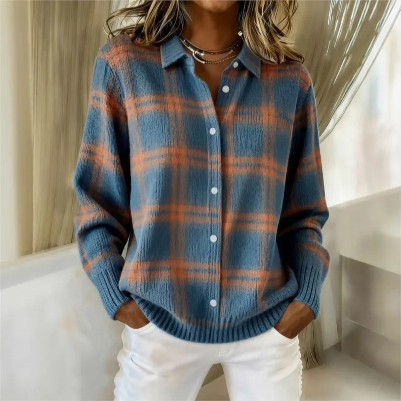 Women Plaid Knit Sweater Button Down Shirt Collar Long Sleeve Rib Cuff Loose Check Blouse Casual Autumn Daily Outerwear Tops