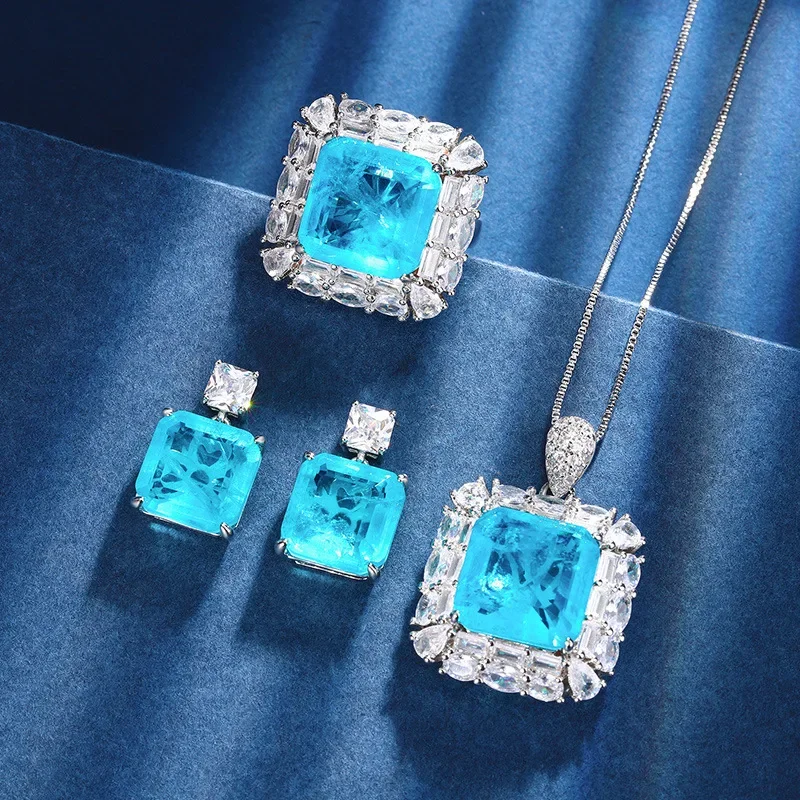 S925 silver-plated 18K gold-plated PT950 platinum-plated Paraiba temperament princess square set main stone 14 * 14-12 * 12