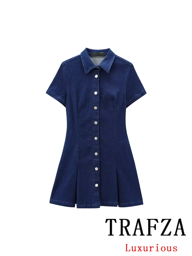 

TRAFZA Vintage Casual Chic Women Denim Dress Turn-down Collar Short Sleeve Single Breasted Vestidos Fashion 2024 Autumn Dress