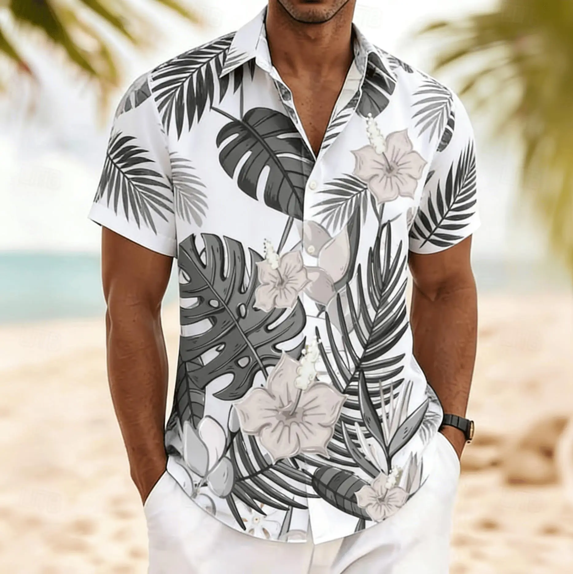 Men's Tropical Floral Leaf Print Short Sleeve Shirt, Spring Summer Vintage Hawaiian Vacation Blouse, Loose Casual Top