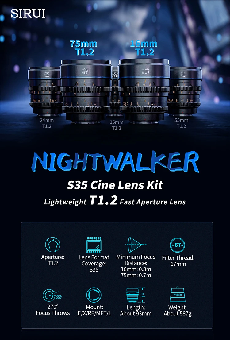 SIRUI Night Walker 16mm/75mm T1.2 Cine Lens Large Aperture Camera Lens For Sony E Fuji XF Canon RF M4/3 L Mount Cameras