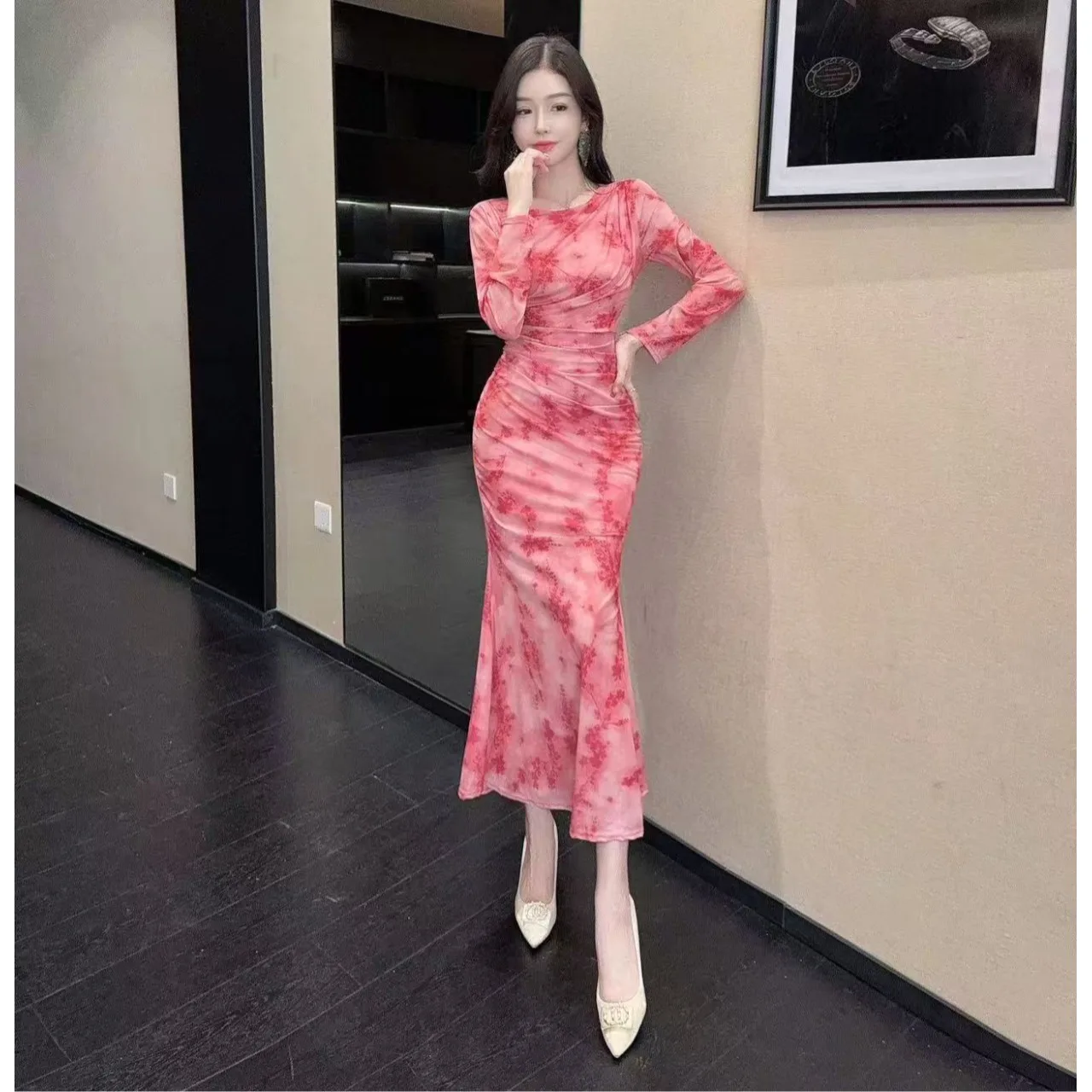 

Sexy Retro Floral Print Me Long Sve Wrap Dr High Waist Autumn Winter Season Women's Base Layer Dr Gown Dr