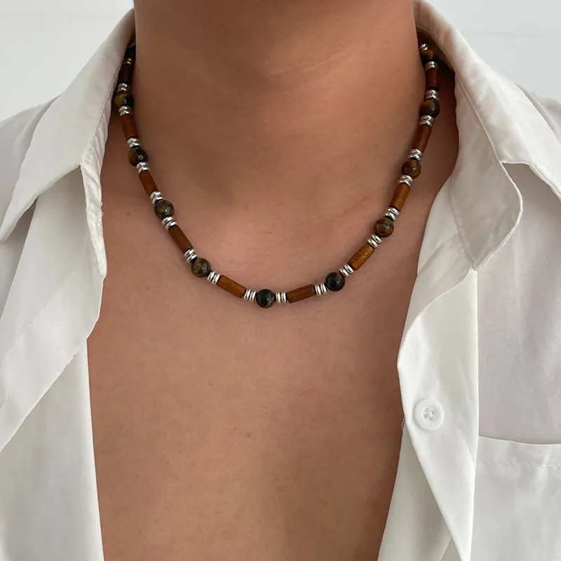 Fashion Men Summer Beach Wooden Bead Surfer Necklace Simple Geometric Tribal Ethnic Handmade Chain Steampunk Male Jewelry Gift