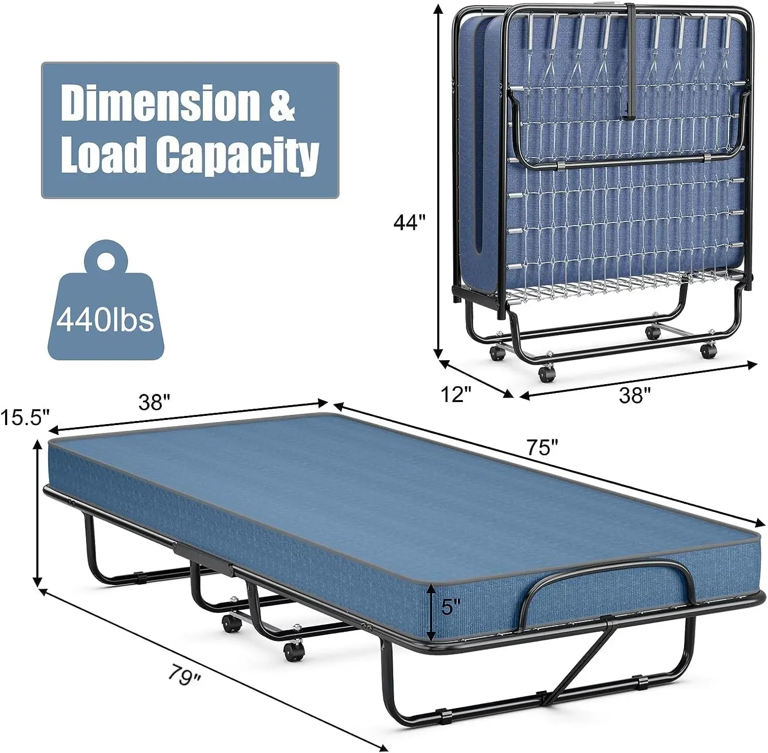 4 Universal Wheels, Folding Bed, Rolling Bed with 5