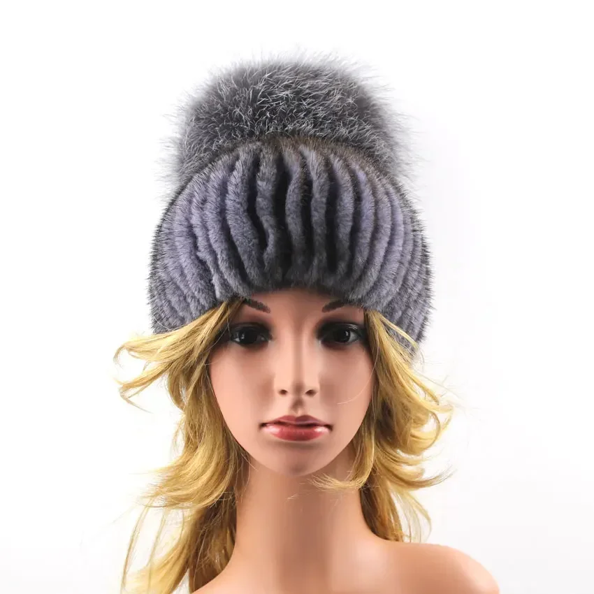 

Real Mink Fur Hat for Women Caps Winter Mink Fur Beanies with Luxury Big Fox Fur Pompom Ball Caps Female Knitted Bonnets hats