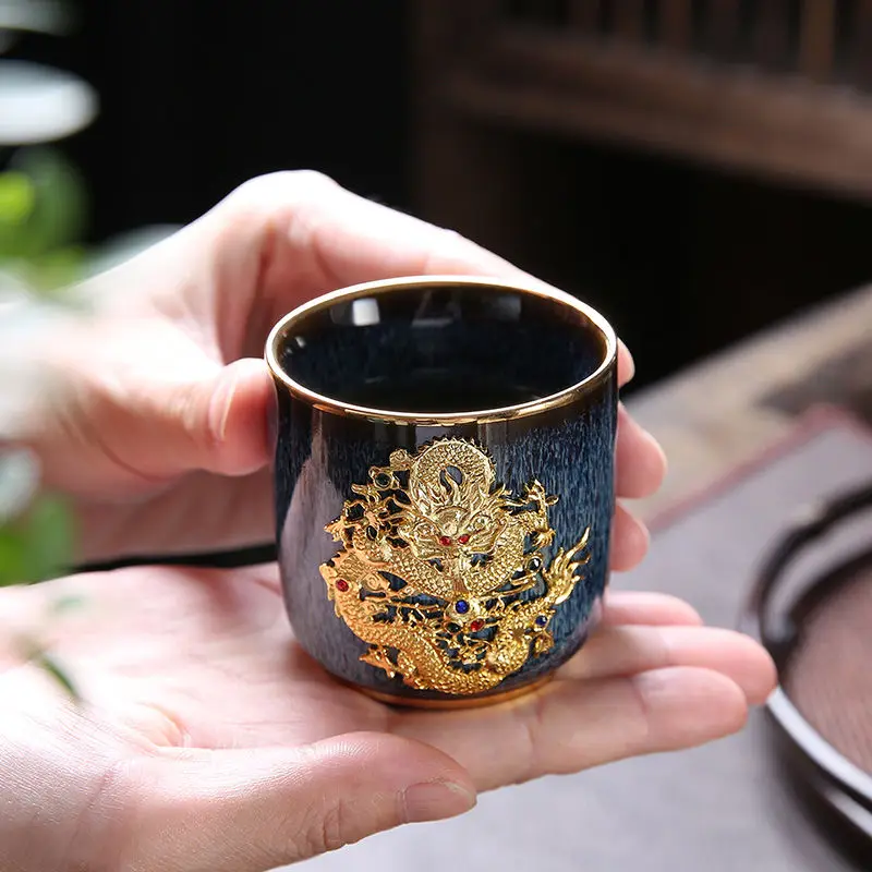 Gold Inlaid Tea Cup Jianzhan Outline In Gold Teacup Ceramic Chinese Kung Fu Tea Set Gilt Gold Gilt Silver Dragon Tea Bowl