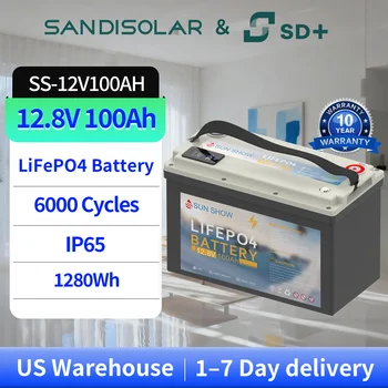 SANDISOLAR 12.8V 100Ah Akumulator LiFePO4 Deep Cycle 1280Wh z Bluetooth i wodoodpornością IP65 do kamperów, systemów solarnych, łodzi, zastosowań off-grid, ponad 6000 cykli ładowania