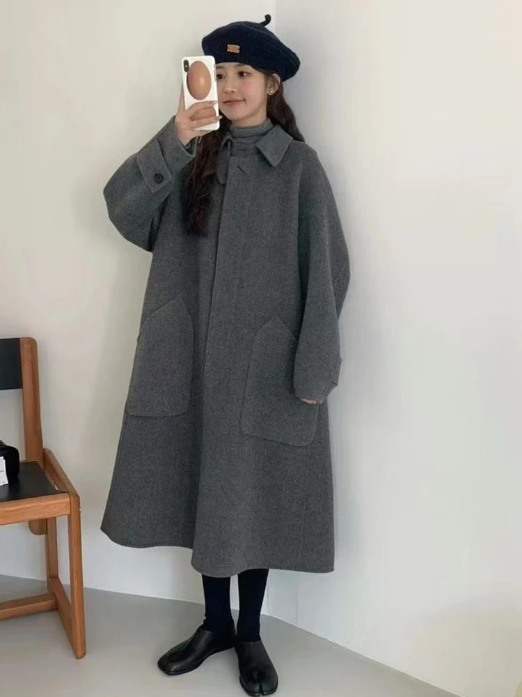 

Double-Sided Woolen Mid-Length Jaet for Women Spring 2025 Korean Sle Lazy Faion Turn-Down Collar Casual Outerwear