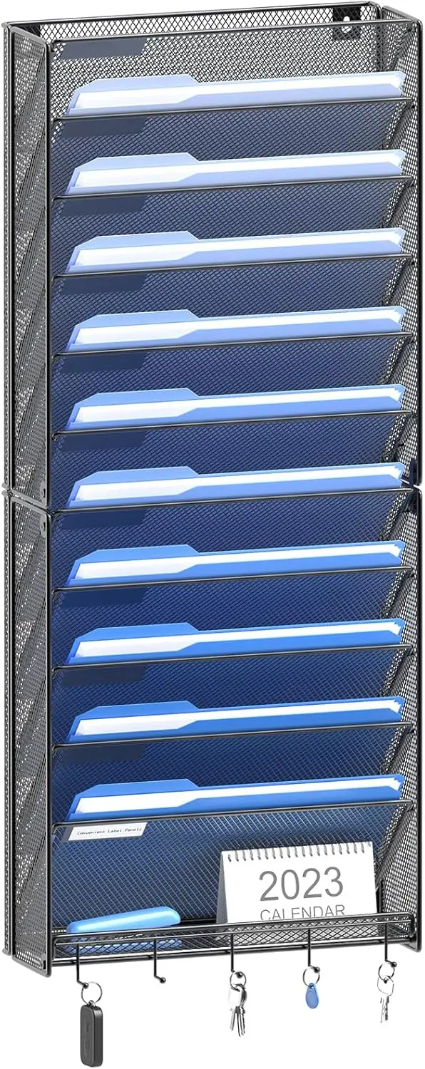 

12 Tier Vertical Wall Mount File Holder with Hooks, Office File Folder Organizer for Efficient Space Saving