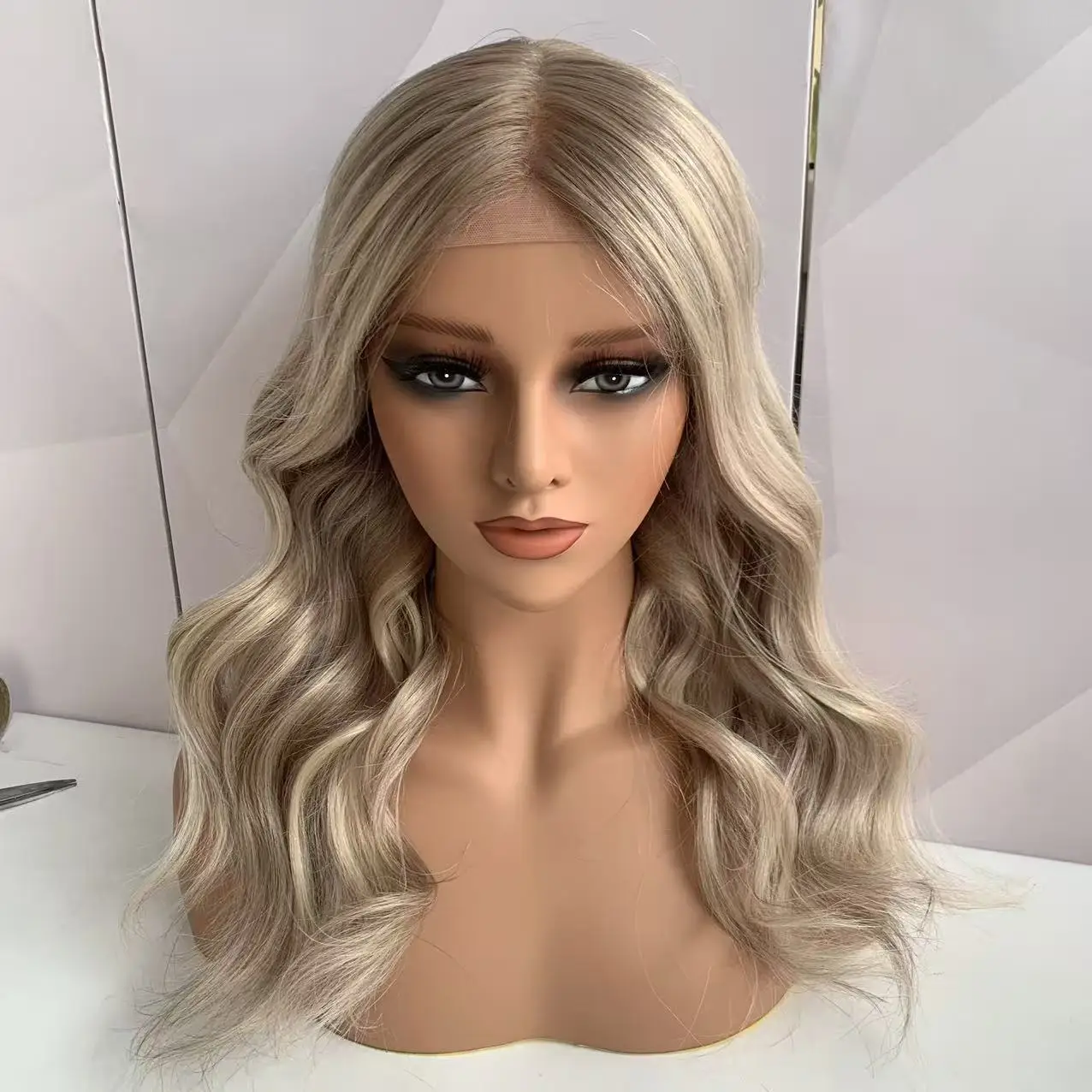 Ash Blonde Highlight Comfortable and breathable Silicone Cap Gluless Medical Wig Replacement European Human Hair