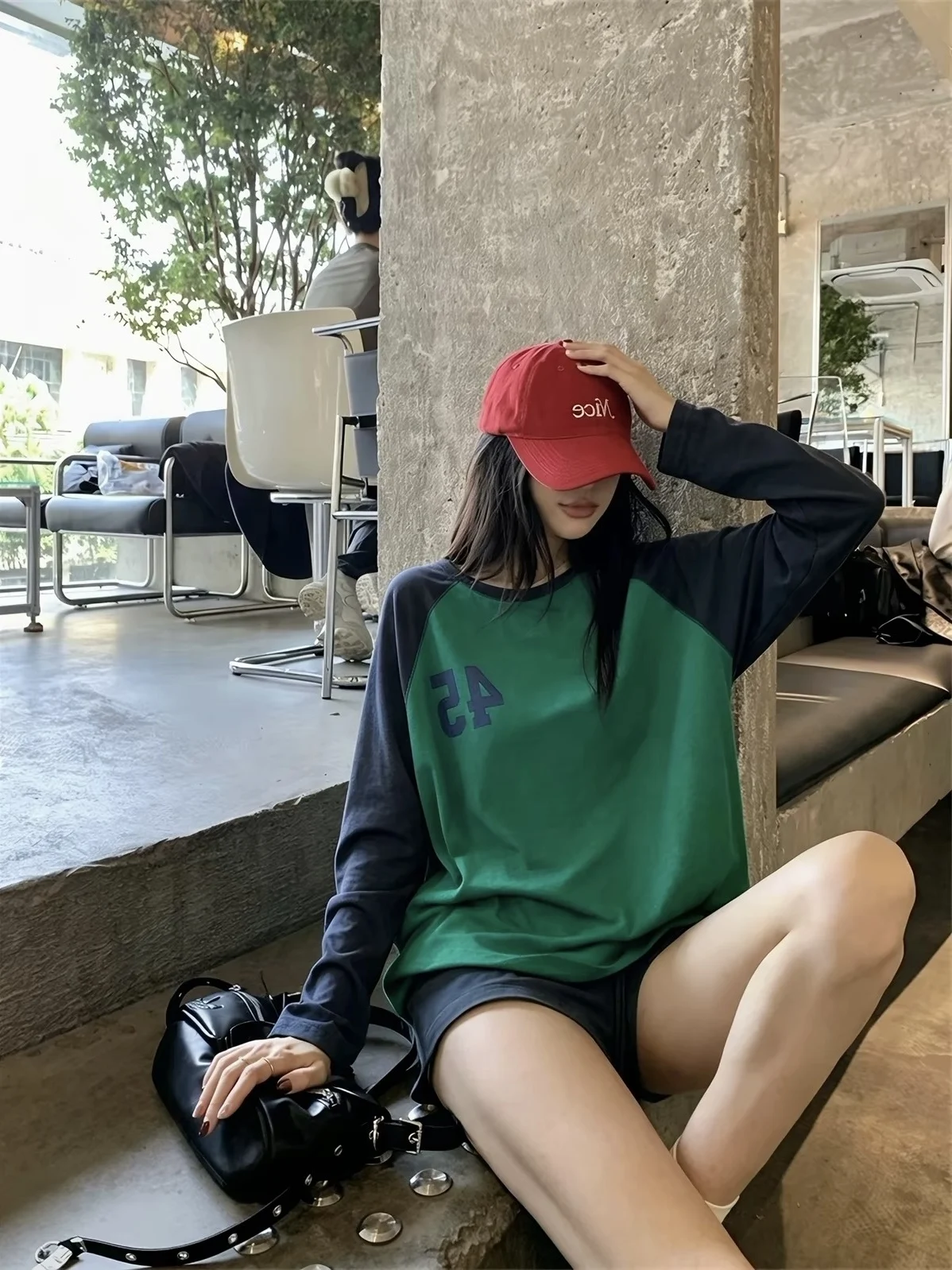 Chang Ru Nan Color Block Shoulder Sleeve Long Sleeve T-Shirt Women's Spring Autumn Loose Slimming Versatile Base Shirt Top