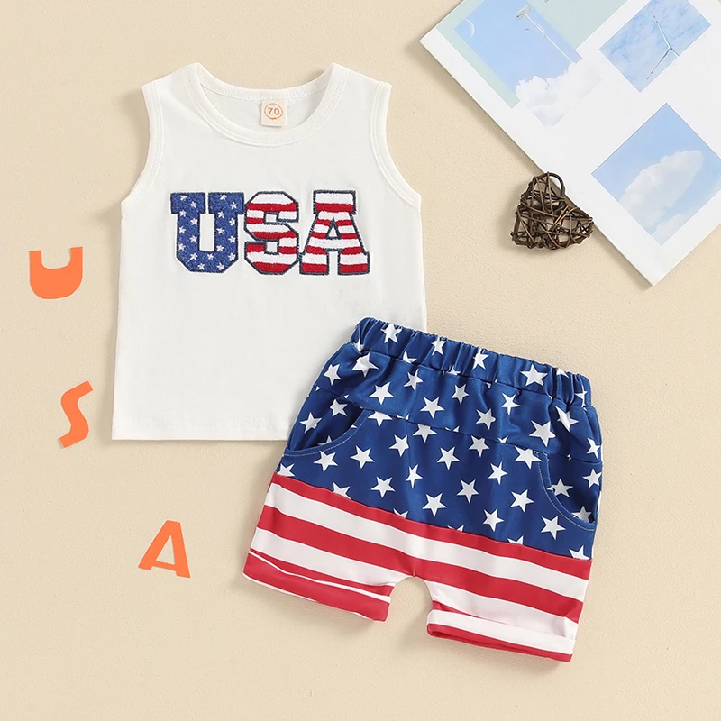 Baby Boy 4th of July Outfit Usa Sleeveless Tank Top Shirt Stars Stripes Shorts Fourth of July Toddler Outfit