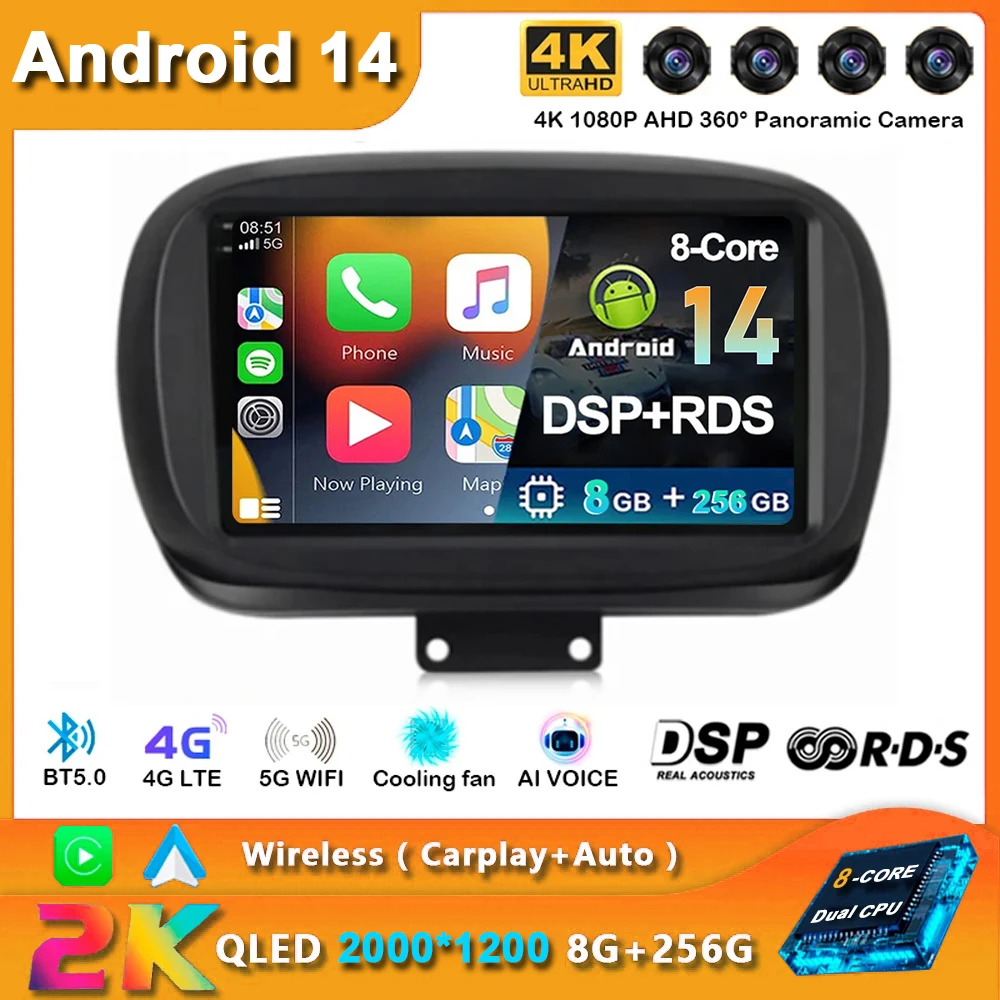 

Android 14 для Fiat 500X 2014 2015 2016 2017 - 2020 автомобильное радио-навигация мультимедийный плеер GPS WiFi + 4G DSP беспроводной Carplay авто