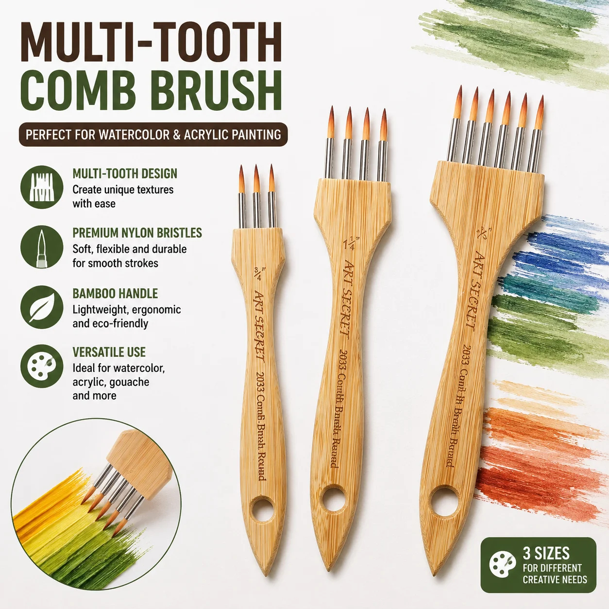 ArtSecret #2033 Multi‑Tooth Comb Brush, Imported Nylon Bamboo Handle for Watercolor Acrylic Painting