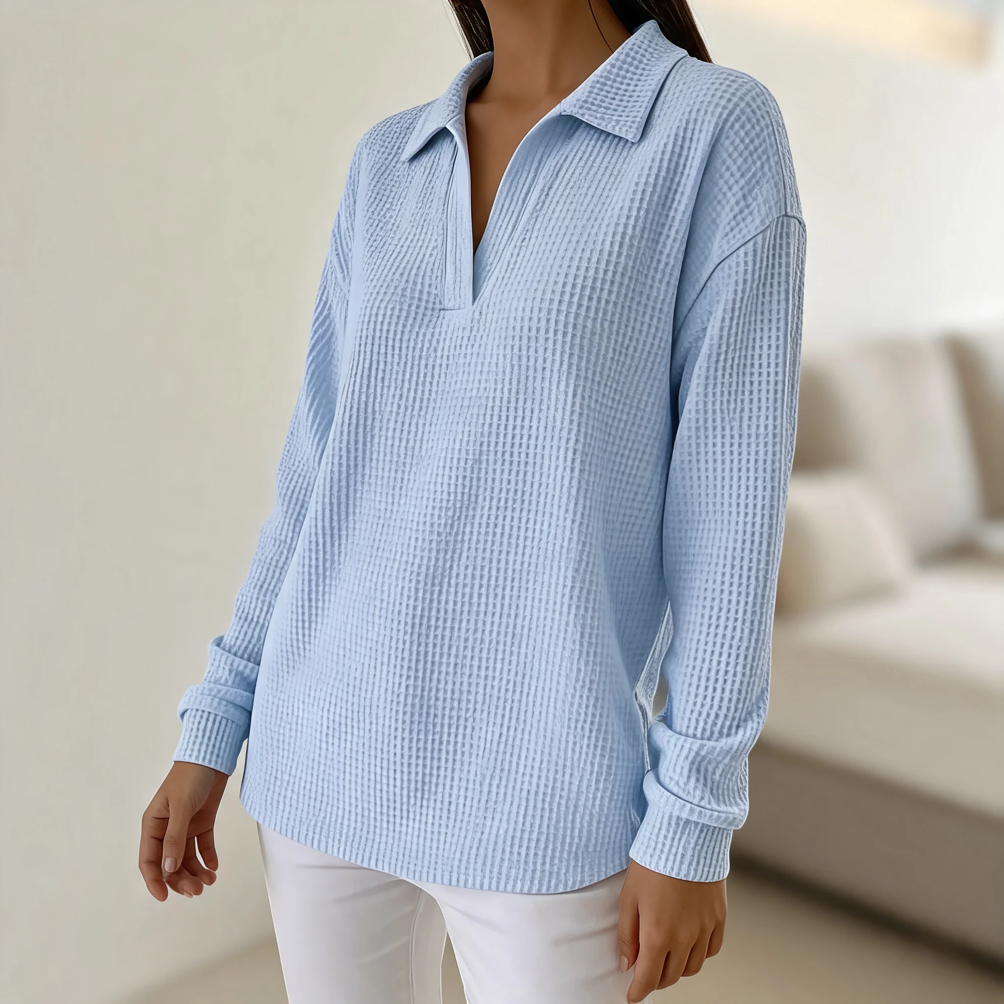 V Neck Loose Fit Top Elegant Women Long Sleeve Shirt with No Stretch Pullover 3D Pattern Mid Length Commuter Chic Digital Print