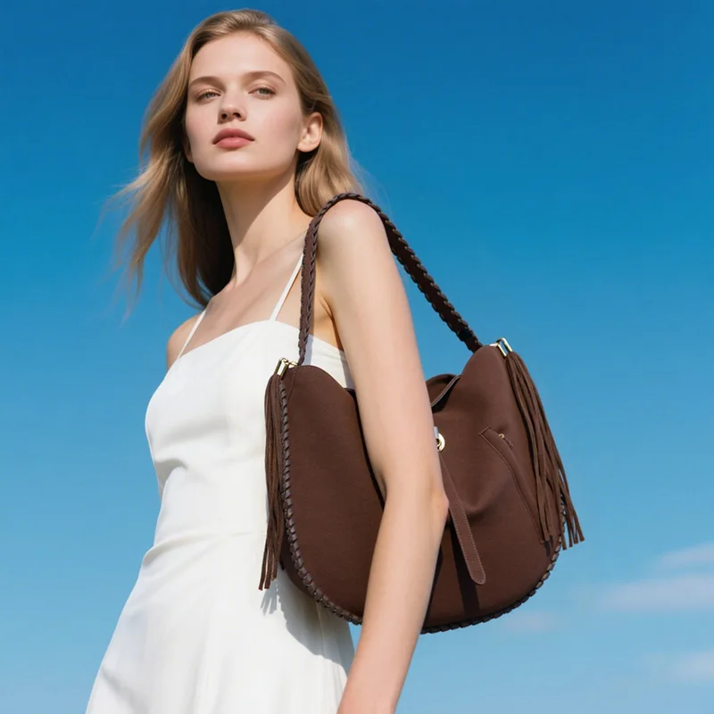 

2025 модная женская ретро замшевая сумка с кисточками бездомная сумка на плечо, осенняя ретро-пригородная многофункциональная сумка большой вместительности