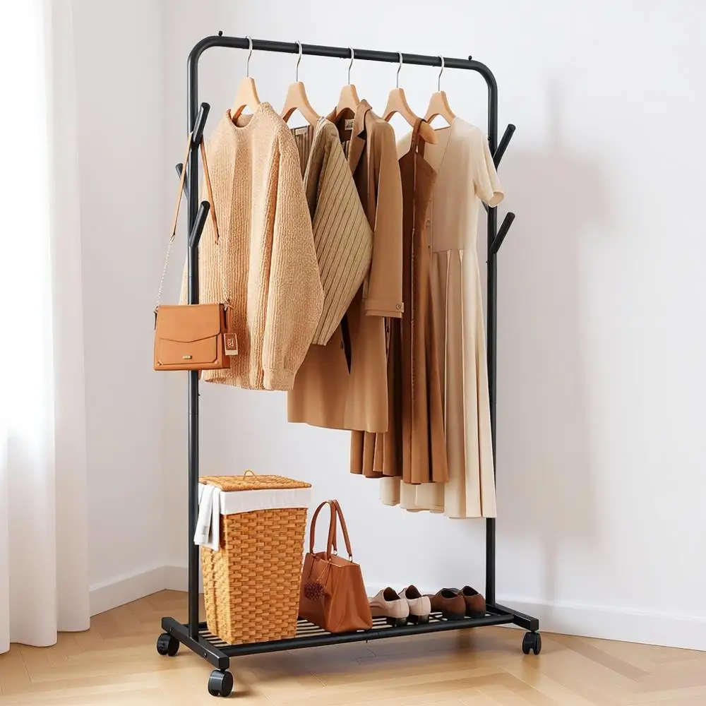 Perchero Metálico con Estante Inferior, Perchero Portátil, 6 Varillas Laterales, Perchero con Ruedas para Colgar Ropa, Dormitorio, Lavadero